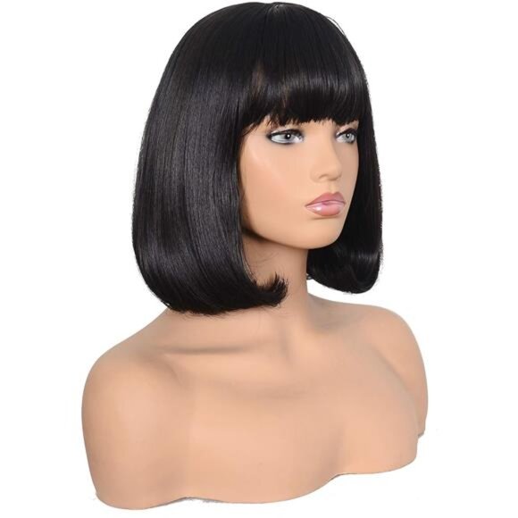 Short Straight Bob Wig Heat Resistant Hair with Blunt Bangs Natural - Picture 2 of 7